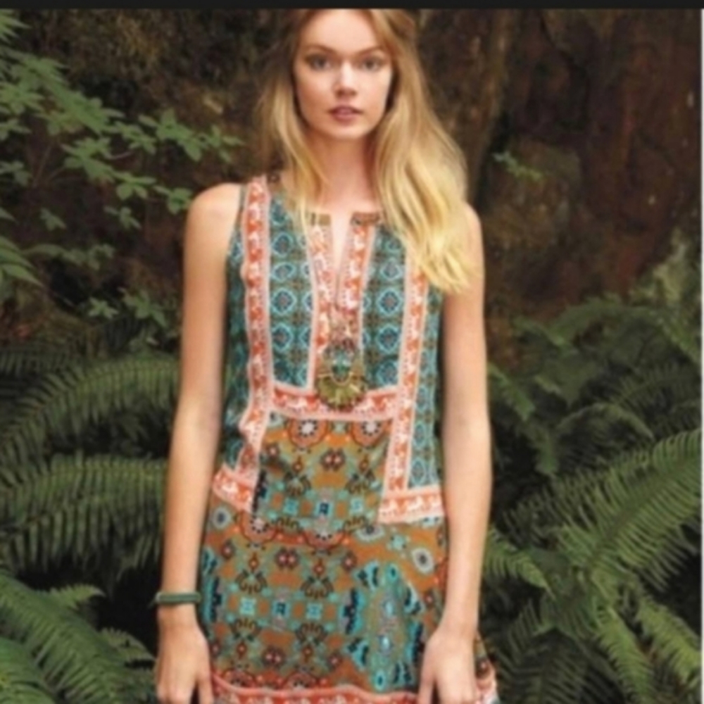Anthropologie Dress Tunic Pretty Bohemian Elephant Print 100% Silk NWT